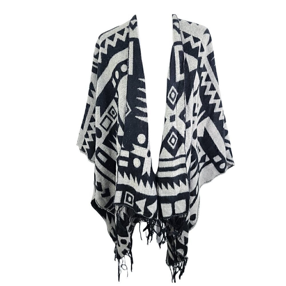 Black Gray Navajo Aztec Tribal Pattern Fringe Poncho Wrap Drape Cardigan